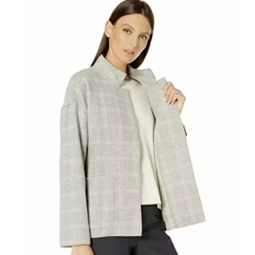 Eileen Fisher Grey Heather Check Wool Cotton Jacket
